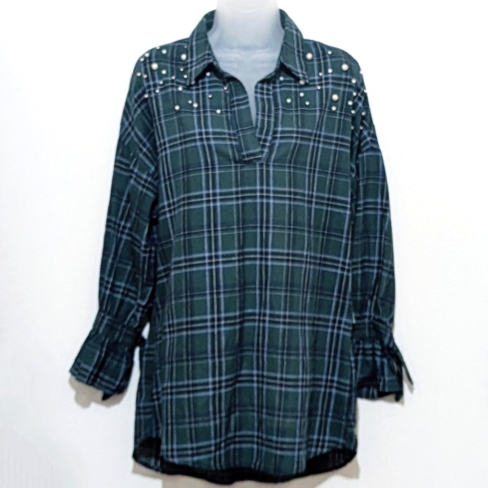Plaid Tunic | Pearl and Stud Embellishments